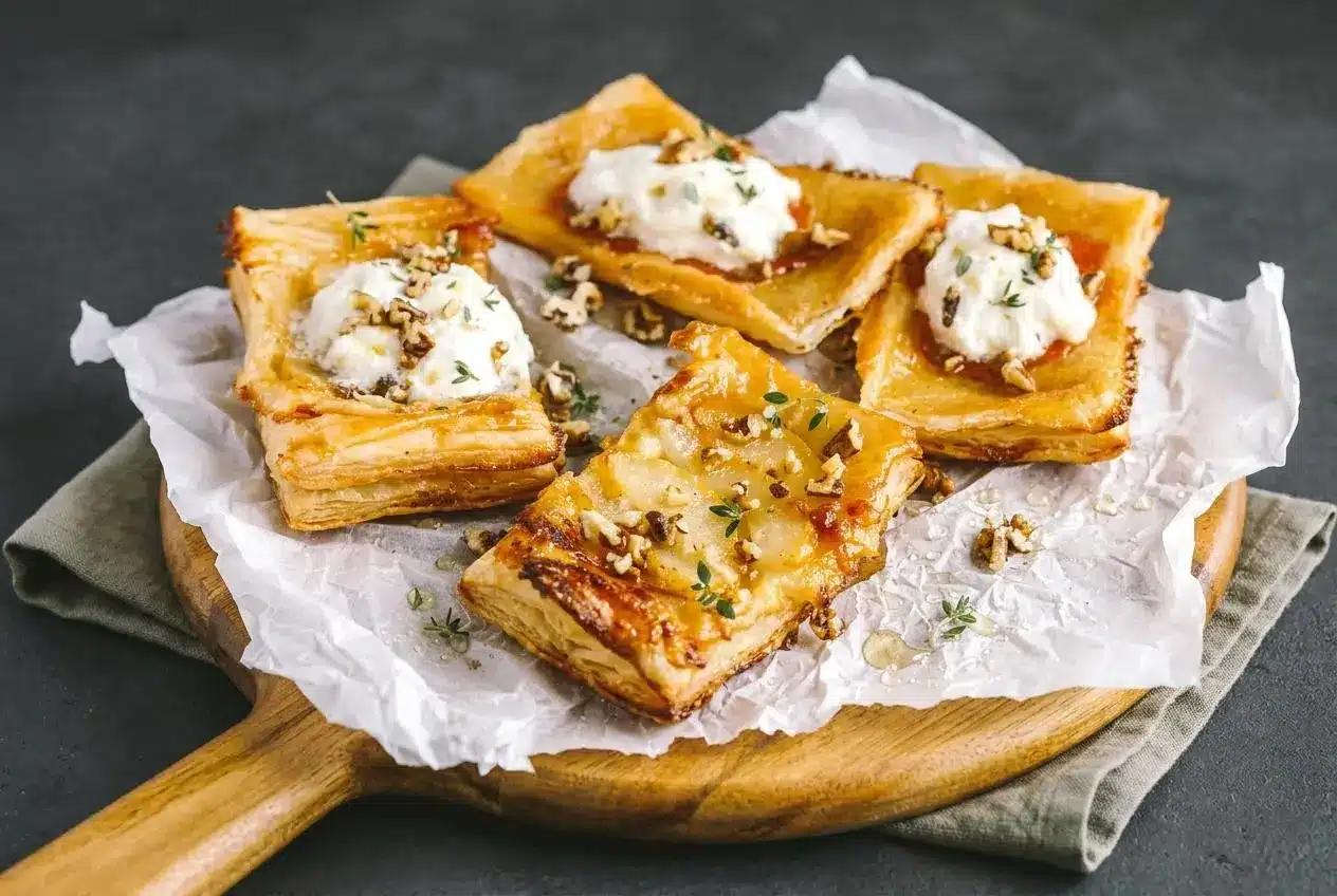 Upside down puff pastry tarts with glossy honey-glazed apricots, pears, melted brie, and golden flaky crust