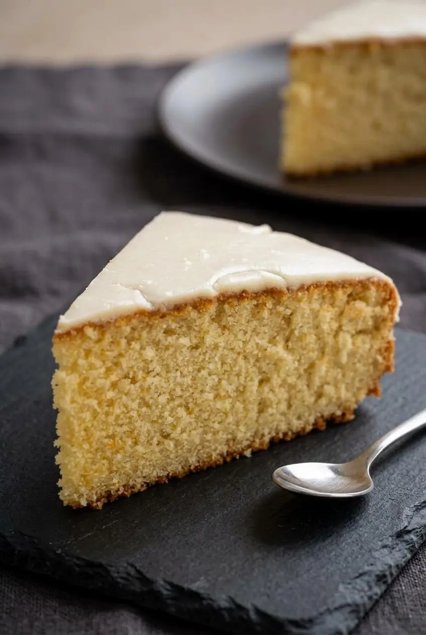 Close-up slice of Vasilopita revealing a fluffy golden crumb with orange zest flecks under a white glaze.