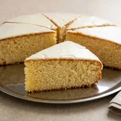 Golden Vasilopita Greek New Year cake topped with a smooth, glossy vanilla glaze.