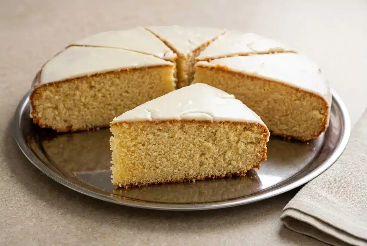 Golden Vasilopita Greek New Year cake topped with a smooth, glossy vanilla glaze.