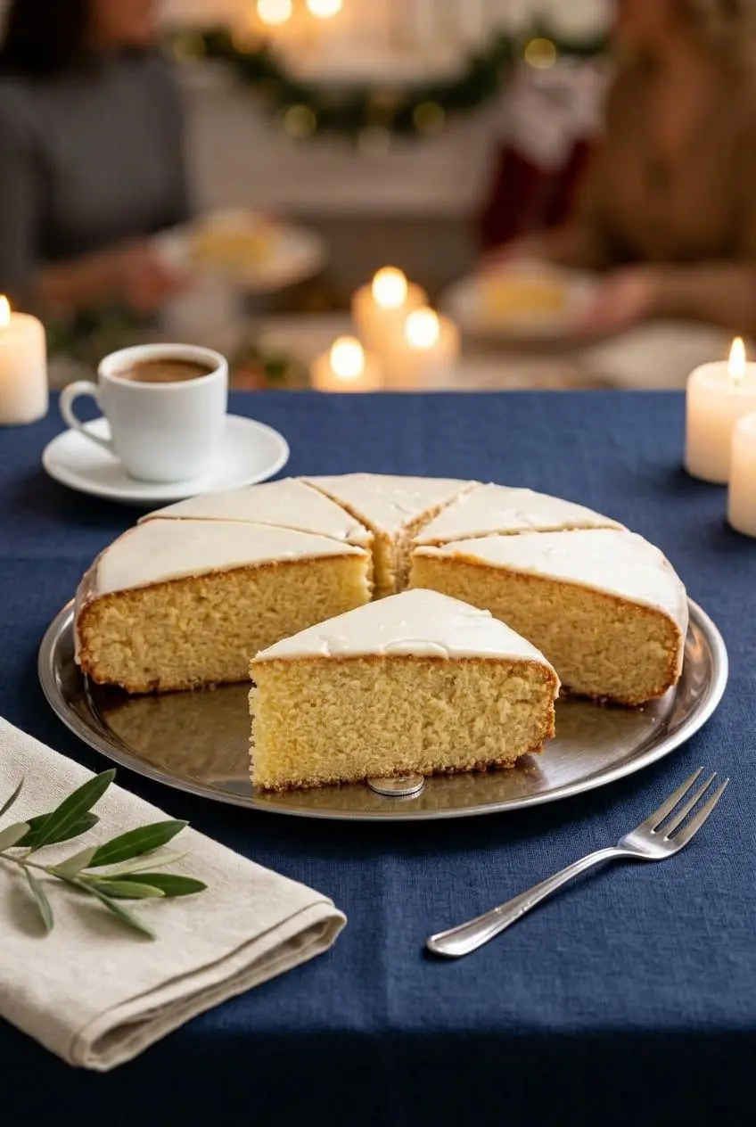 Ceremonial slice of Vasilopita revealing a foil-wrapped coin alongside a cup of Greek coffee.