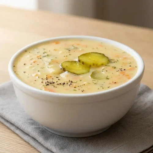 Creamy dill pickle soup in a bowl with tender potatoes, carrots, and a velvety sour cream broth.