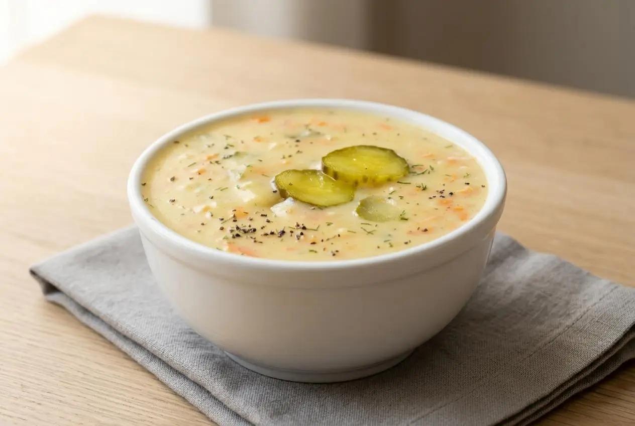 Creamy dill pickle soup in a bowl with tender potatoes, carrots, and a velvety sour cream broth.