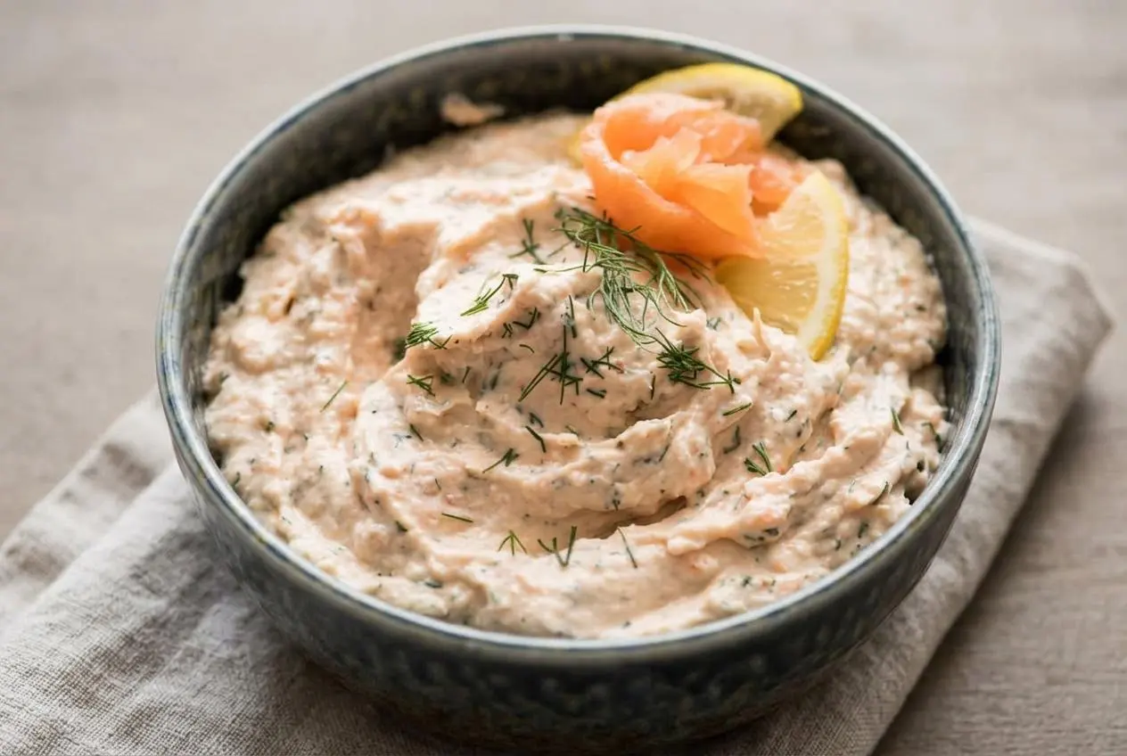 Bowl of velvety smoked salmon dip topped with fresh dill and lemon slices.