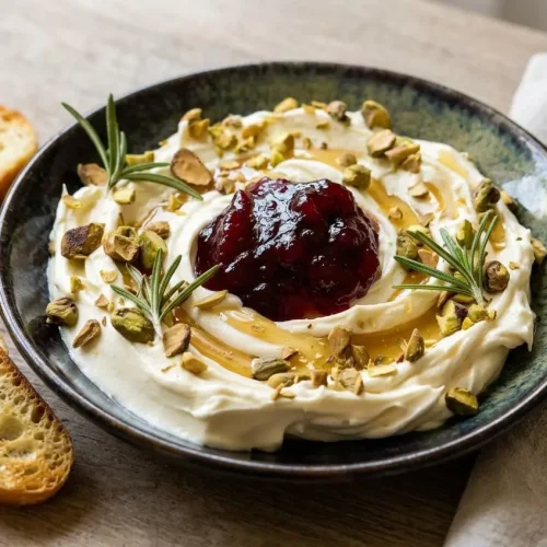 Creamy whipped brie swirled on a shallow plate, topped with cranberry sauce, honey, and chopped pistachios