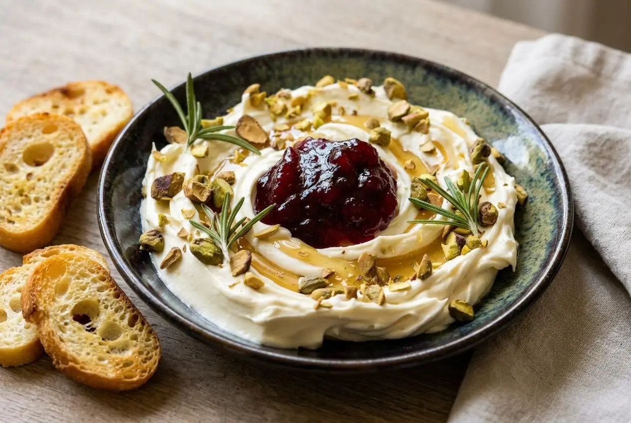 Creamy whipped brie swirled on a shallow plate, topped with cranberry sauce, honey, and chopped pistachios