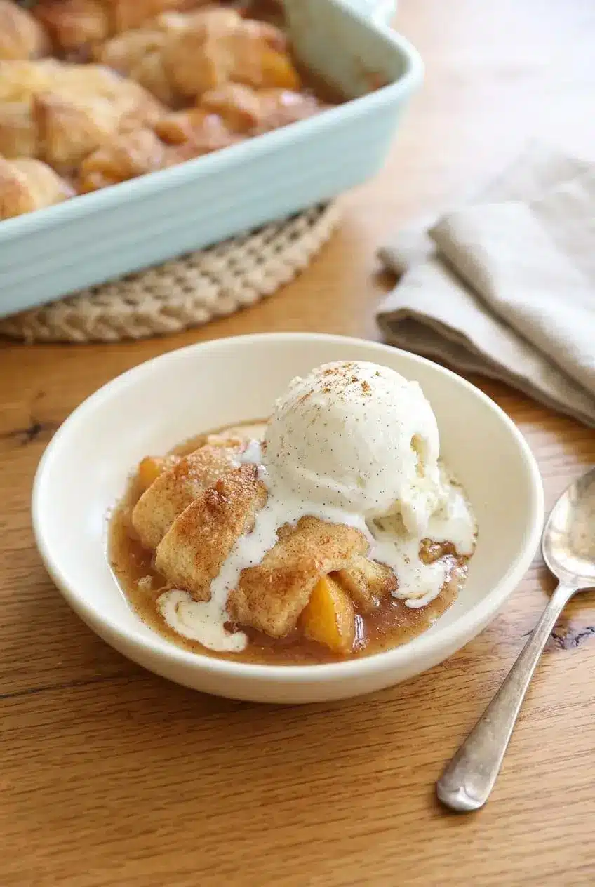 Warm crescent roll peach dumpling served in a bowl with melting vanilla ice cream and cinnamon.