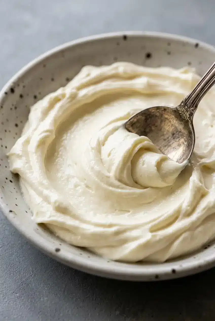 Close-up of a silver spoon sculpting glossy, lump-free ridges into freshly aerated brie cheese in a shallow dish