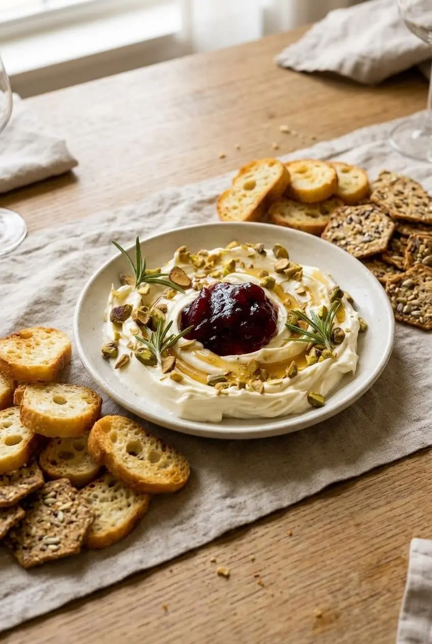 Shallow plate of whipped brie topped with ruby cranberry sauce, golden honey, pistachios, and rosemary next to crostini