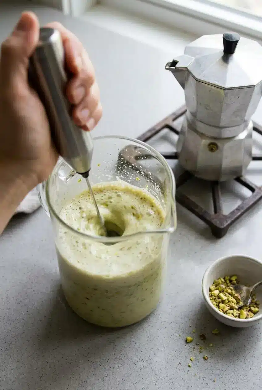 Handheld milk frother whisking warm almond milk, pistachio paste, and condensed milk in a tall glass cup near a moka pot