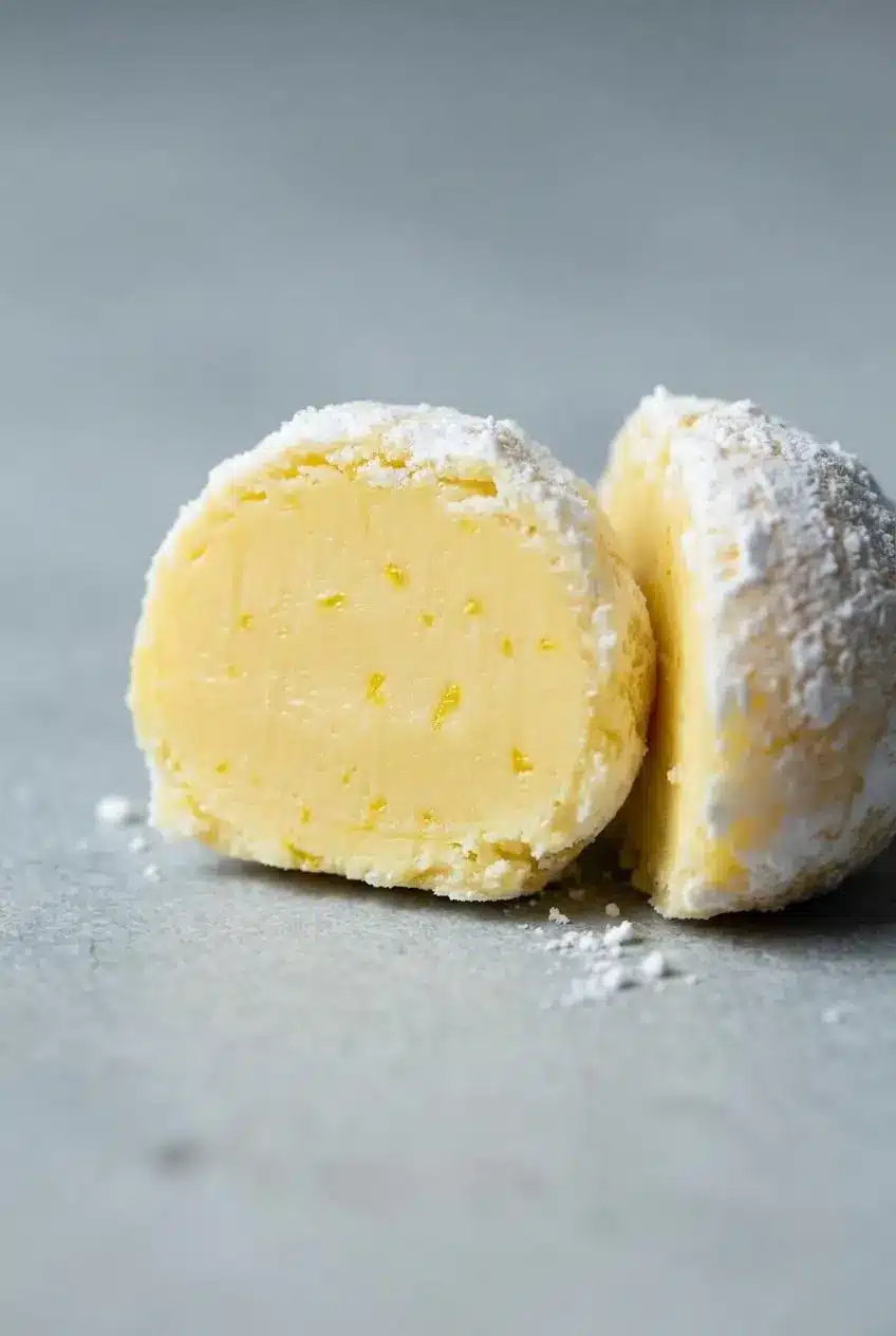 Halved white chocolate lemon truffle showing dense, silky yellow ganache with lemon zest.